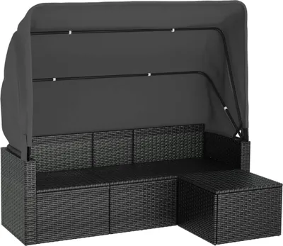 Produktbild von 3-Sitzer-Gartensofa mit Dach und Fußhocker Schwarz Poly Rattan