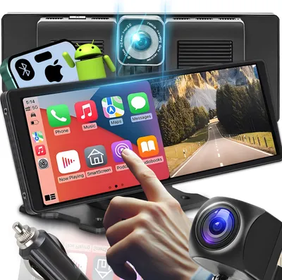 Produktbild von Tragbares 10" Display für das Auto mit 2K Frontkamera Apple Carplay Android Auto und 1080p Rückfahrkamera Car Display Autozubehör Retoo