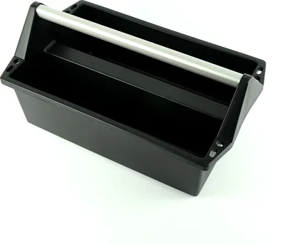 Produktbild von Kistenberg Werkzeugträger Cargo 50, mit Aluminiumgriff, offenem Design, 2 Kammern und Schraubendreherlöchern, aus schwarzem Kunststoff, Maße 49.6 x 29.6 x 23.1 cm, ideal für Werkstatt, Lager oder Hobbyraum, KCAA50