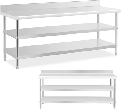 Zdjęcie produktu dla Stół Blat Roboczy Stalowy Nierdzewny Przyścienny Z Rantem 2 Półki 200X70Cm