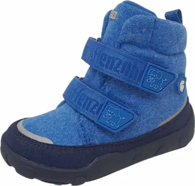 A single blue winter boot for children, shown from the side against a white background.