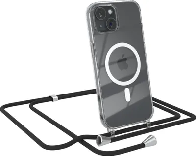 Produktbild von EAZY CASE - Handykette kompatibel mit Apple iPhone 15 Kette zum Umhängen Stoßfest Handyhülle für Apple iPhone 15 Silikon Hülle mit Band Handytasche Transparent als Fallschutz in Schwarz - Clips Silber