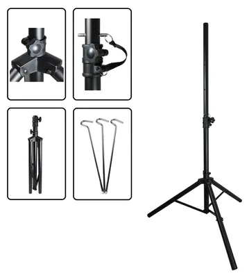 A product shot of a satellite dish tripod stand and accessories.