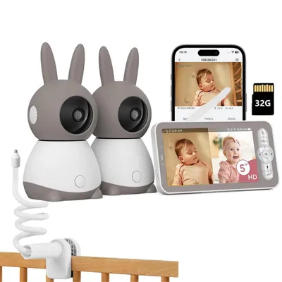 Obrázek produktu pro 2K/5,0" dětská chůvička s rozdělenou obrazovkou, 2 kamerami a aplikací APP PTZ 360° 4× zoom IR noční vidění Automatické sledování chůvičky s držákem a 32G