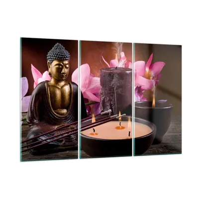 Produktbild von Bilder auf glas - Buddha Kerzen Religion - 105x70cm - Glasbilder - Wandbilder - Kunstdruck - zum Aufhängen bereit - Wanddekoration aus Glas - Glas Bilder - Wandbild auf Glas - 3 Teile - GCE105x70-2631