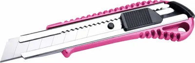 A pink utility knife with a silver blade and black slider, isolated on a white background.
