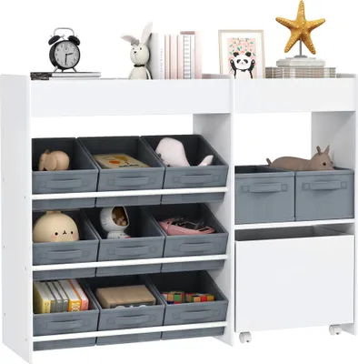 Produktbild von AIYAPLAY Dětský regál na hračky s 11 látkovými boxy, horní přihrádky, 3 samolepky, dětský regál s přihrádkami pro jesle, mateřské školy, 105 x 30 x 80 cm, bílý