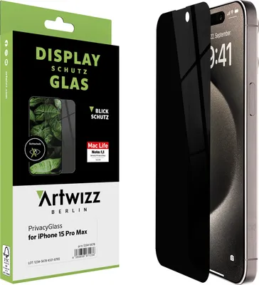 Produktbild von ARTWIZZ PrivacyGlass Schutzglas für iPhone 15 Pro Max - Displayschutz mit Blickschutz - Hüllenfreundlich