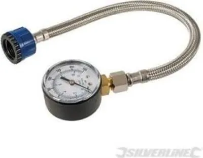 A water pressure gauge with a flexible hose and a blue connector.