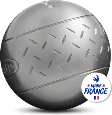 A close-up of a metal boulekugel (bocce ball) with a diamond plate pattern and a "Made in France" badge.