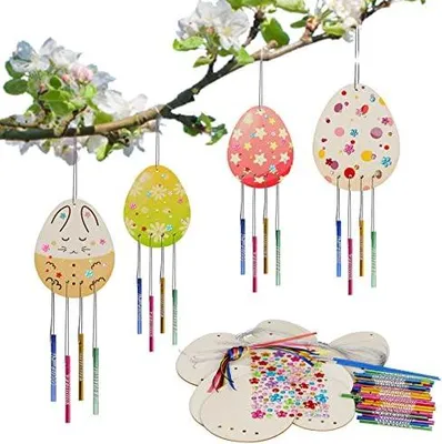 Produktbild von WEDNOK 10tlg Ostereier Windspiel Bastelset Ostern Eier Basteln Holz Osterei Bastelsets Osterbasteln Kinder Klangspiele Bastelhandwerk zum Bemalen für Osterndeko Frühling Mädchen Junge