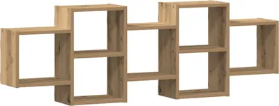 A wooden wall shelf with multiple cubbies.