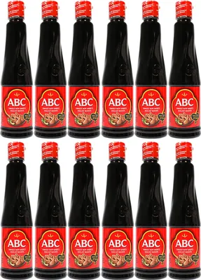 A grid of twelve bottles of ABC Ketjap Manis Sweet Soy Sauce.