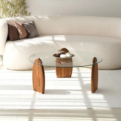 Obrázok produktu pre Skye Decor, Surf - Chesnut, transparentný, konferenčný stolík, gaštan, 100 % tvrdené sklo, 90 x 90 x 41 cm