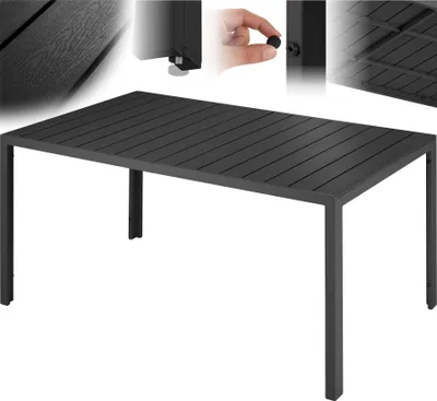 A dark gray aluminum and plastic garden table is shown against a white background. The table has a slatted top and a rectangular frame with four legs. Insets in the upper part of the image show close-ups of the table's texture, a detail of its leg construc