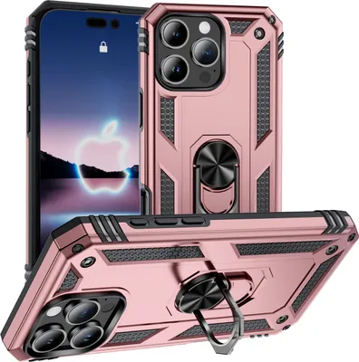 Produktbild von Schutzhülle für iPhone 16 Pro Dual Layer Robust Militäre Fallschutz Hülle mit Ringhalterung Ständer Roségold