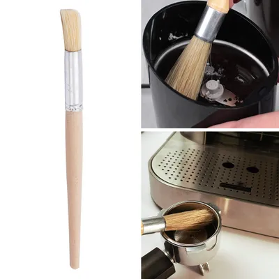 A collage showing a cleaning brush for coffee machines and grinders, with close-ups of its use.