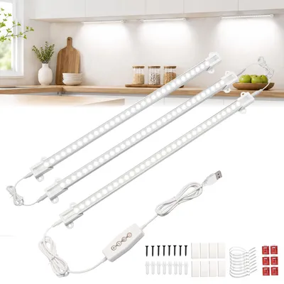Produktbild von 3er Set 33cm LED Unterbauleuchte USB Schrankleuchte Kaltweiß 6000K Dimmbar Lichtleiste Schrankleuchte Küchenlicht mit Timer