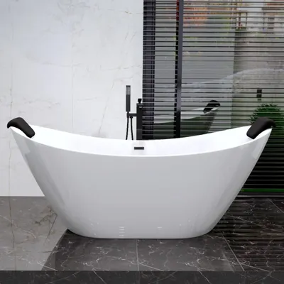Produktbild von Freistehende Badewanne 180x80 Weiß Modern Exclusive Acryl Ablaufgarnitur VIEGA Click-Clack Gratis + 2x Schwarz Kopfstütze | BADLAND IVAR