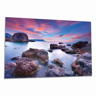 Produktbild von Wallario Herdabdeckplatte aus Glas, Größe 80 x 52 cm 1-teilig, Motiv Seelandschaft in blau und rot mit großen Felsen