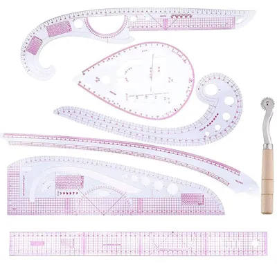 Näh-Linealset, 7-teilig, französische Kurven, metrisch, transparent