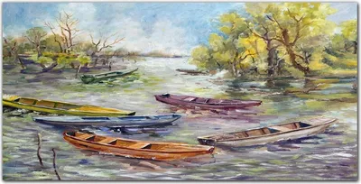 Produktbild von Coloray Bild aus Leinwand 100x50 Leinwand Dekoration - See Boote Baum Himmel