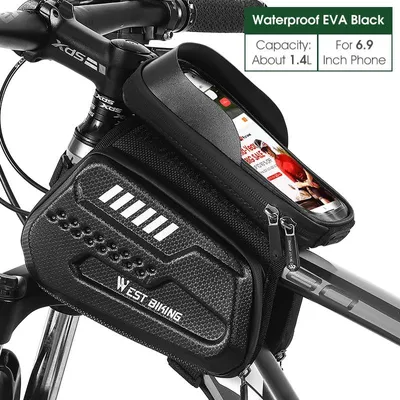 Image de Sacoche de cadre de vélo - Sacoche pour le tube supérieur avec support pour téléphone portable - Imperméable - Écran tactile - Pour téléphones portables jusqu'à 17,5 cm - Matériau : EVA+TPU - Couleur : Noir