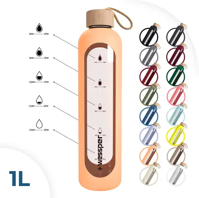 Produktbild von Wessper Trinkflasche Glas Mit Silikonhülle, Wasserflasche Mit Zeitmarkierungen, Motivierende Flasche, Transparente Wasserflasche Aus Borosilikat Glas, Berwachung Ihrer Täglichen Wasseraufnahme 1L Morr