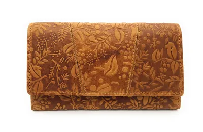 Produktbild von Hill Burry echt Leder Damen Geldbörse Portemonnaie floral mit RFID NFC Schutz cognac braun