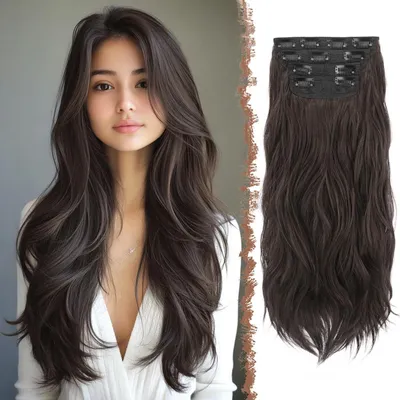 Productafbeelding van Haarverlengingen, clip-in, 50 cm, 4 stuks, golvend, synthetisch haar, zwart/bruin
