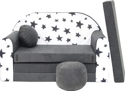 Produktbild von All4All Kindersofa, Klappsofa, Schlafsofa 3in1, Velo, Spielsofa für Kinder, Sofa zum Aufklappen, mit Pouf, faltbar, zum Schlafen – Schaumstoff Sofa (AC1 Grau + Sternen)