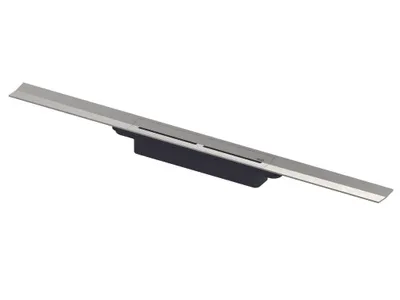 A linear shower drain profile with a silver grate and a black base, presented against a white background.