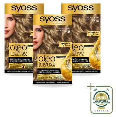 Obrázok produktu pre 3 x SYOSS Oleo Intense 7-58 Chladivý béžový blond - Trvalá farba bez amoniaku - Balenie s 3 kusmi