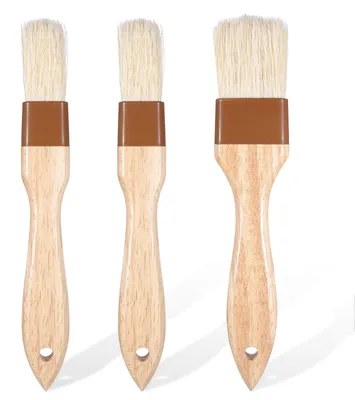 Image de Lot de 3 pinceaux de cuisine, à poils naturels et manche en bois, résistants à la chaleur : pinceaux pour barbecue, pinceaux de pâtisserie, pinceaux à badigeonner, pinceaux à huile, pinceaux de cuisine réutilisables pour l'huile, le beurre, les sauces, les marinades, pour remuer et cuisiner.