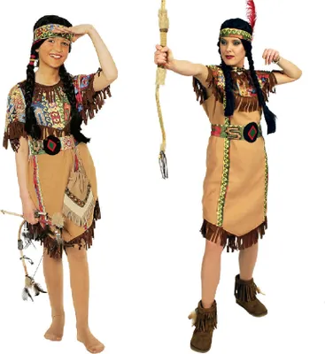 Two women dressed in Native American-inspired costumes, one holding a bow and arrow, the other shielding her eyes.