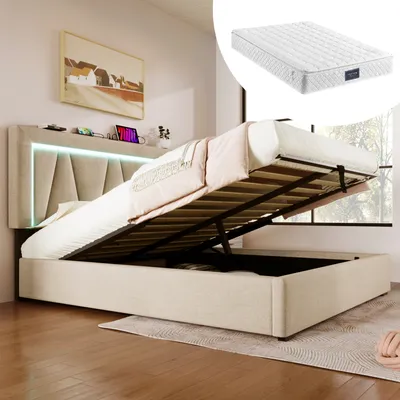 Produktbild von MODFU Polsterbett 160x200 mit Ladefunktion und LED-Beleuchtung, Beige(mit Matratze)