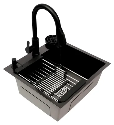 Produktbild von Multifunktionale Küchenspüle aus Edelstahl | 50 x 45 cm | Schwarze Spüle mit ausziehbarem Wasserhahn, Becherspüler, Seifenspender und Abtropfkorb | 1 Becken für Küche und Bar