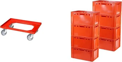 Produktbild von 8 Stück E3-Kasten rot + 1 Transportroller mit Vier Lenkrollen rot