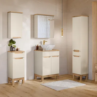 Produktbild von Badmöbel-Set 5-teilig mit 60 cm Waschtisch & Spiegelschrank in kaschmir und Eiche, modern grifflos - SOLNA-56-CASHMERE