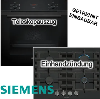 Produktbild von Herdset SIEMENS Backofen 71L Eco Clean 3D Heißluft Teleskopauszug 60cm Schwarz + Gas Kochfeld