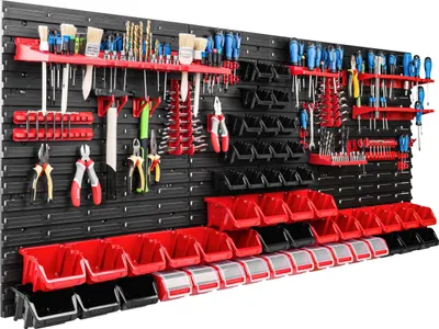Produktbild von Lagersystem Werkstattregal | 172 x 78 cm | 50 stck. Box | Wandregal mit Werkzeughalterungen und Stapelboxen - Wandplatten Extra Starke Schüttenregal Warkzeuglochwand Lagerregal Garage Regal