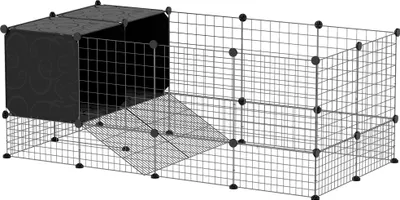 Produktbild von PawHut Modularer Kleintierkäfig mit 2 erhöhten Häusern, Innengehege für Kaninchen, Meerschweinchen und Igel mit 31 Paneelen, Schwarz