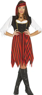 A woman is posing in a pirate costume.