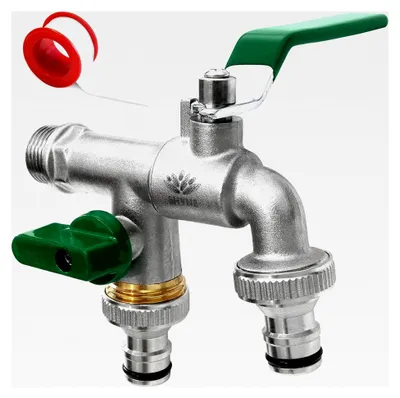 Produktbild von Doppel-Wasserhahn 1/2 Zoll aus Messing, rost- und frostsicher + 2 Schlauchanschlüsse + PTFE-Band + E-Book | für Garten, Waschmaschine, Regentonne