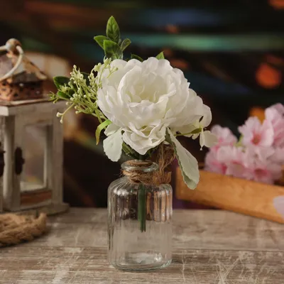 Produktbild von Kunstblumenstrauß in Mini Glasvase - Pfingstrose und Hortensie in Blumenvase - H: 20cm - weiß