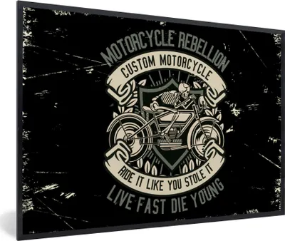Produktbild von MuchoWow® MuchoWow® Gerahmtes Poster Motorrad - Skelett - Vintage - Zitat 90x60 cm - Poster mit zchwarzem Bilderrahmen - Fotorahmen - Foto-Plakat