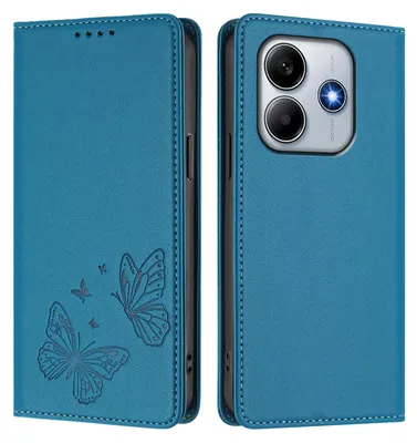 Obrázek produktu pro Kožené pouzdro pro Xiaomi Redmi Note 14 4G, motýlí ražbou, peněženkové flip pouzdro se stojánkem Modrá