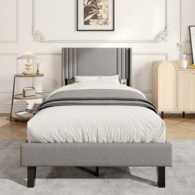 Image de Lit rembourré UnboxG 90 x 200 cm, lin gris, tête de lit incurvée moelleuse, cadre métallique robuste avec sommier à lattes, grand espace de rangement sous le lit, lit confortable et moderne pour la chambre à coucher et la chambre d'amis