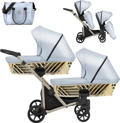 Produktbild von Kinderwagen IVENTO DUO GLAM 2 in 1 Zwillingskinderwagen Geschwisterwagen Zwillingsbuggy Doppelkinderwagen (Eco Baby Blue Metalic, Rahmen: champagne)