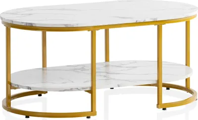 Obrázek produktu pro WOHNLING Konferenční stolek 100x60x45 cm, bílý s mramorovým vzhledem, obývací stolek, obdélníkový, lounge stolek k pohovce s odkládací plochou, moderní konferenční stolek se zlatým